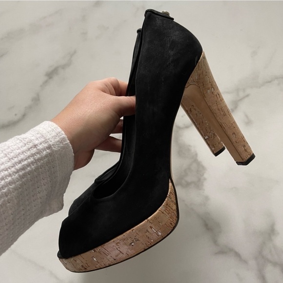 Stuart Weitzman Cork Platform Peep Toe Heel Pump Nubuck Black Leather Size 10 M - Picture 7 of 9